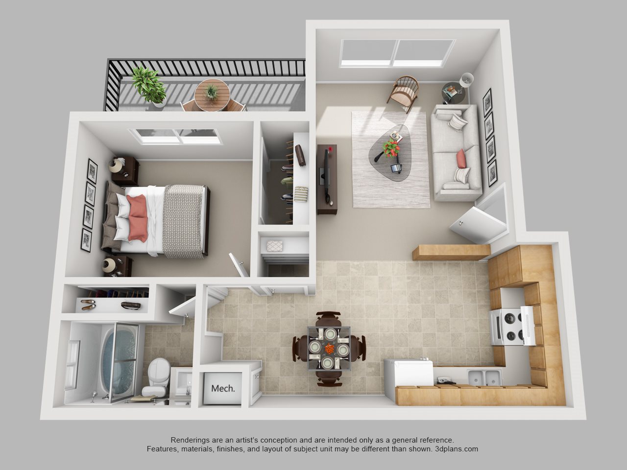 1 bed, 1 bath Floor Plan 2